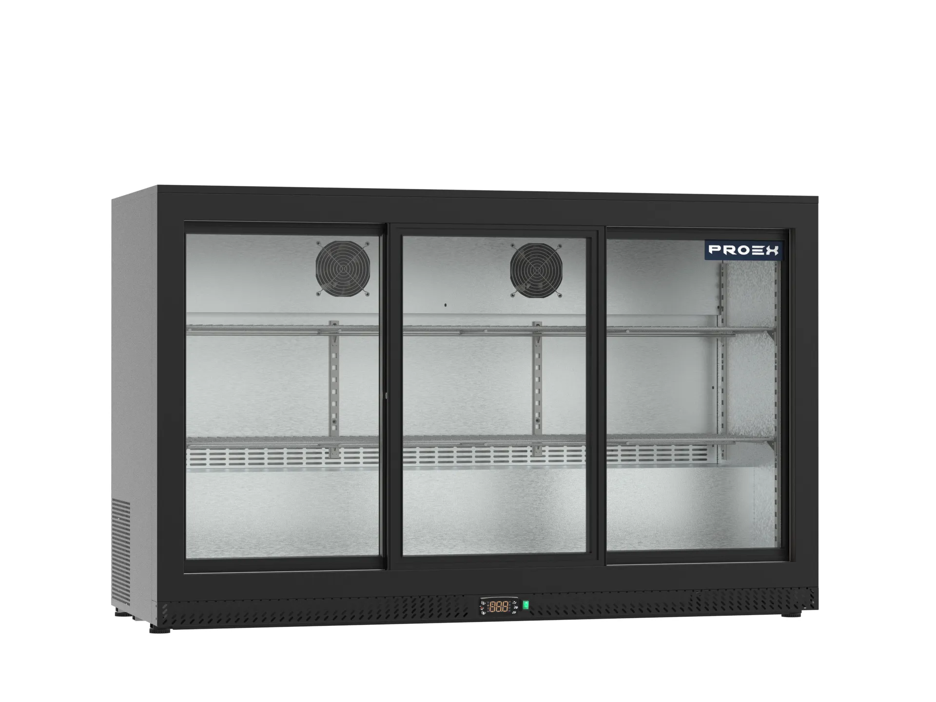 Proex BKB-335S 290L black back bar cooler with three sliding glass doors