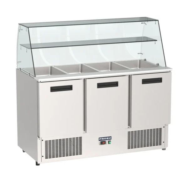 Proex S903SG three-door refrigerated salad bar with glass display canopy