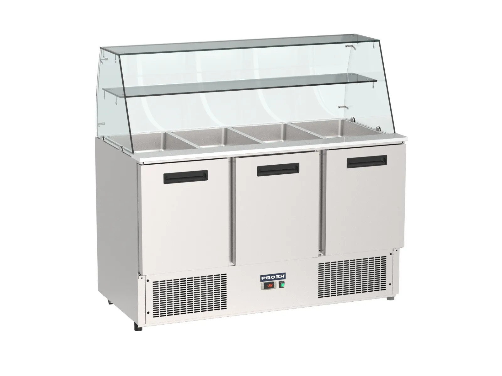 Proex S903SG three-door refrigerated salad bar with glass display canopy
