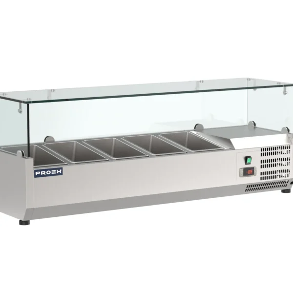 Proex VRX1200/330 refrigerated topping unit with five GN pans and glass canopy