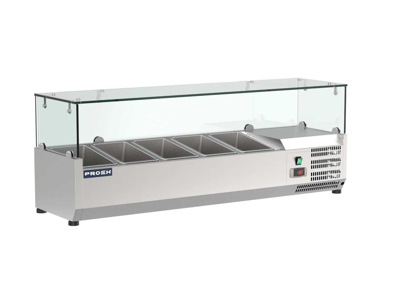 Proex VRX1200/330 refrigerated topping unit with five GN pans and glass canopy