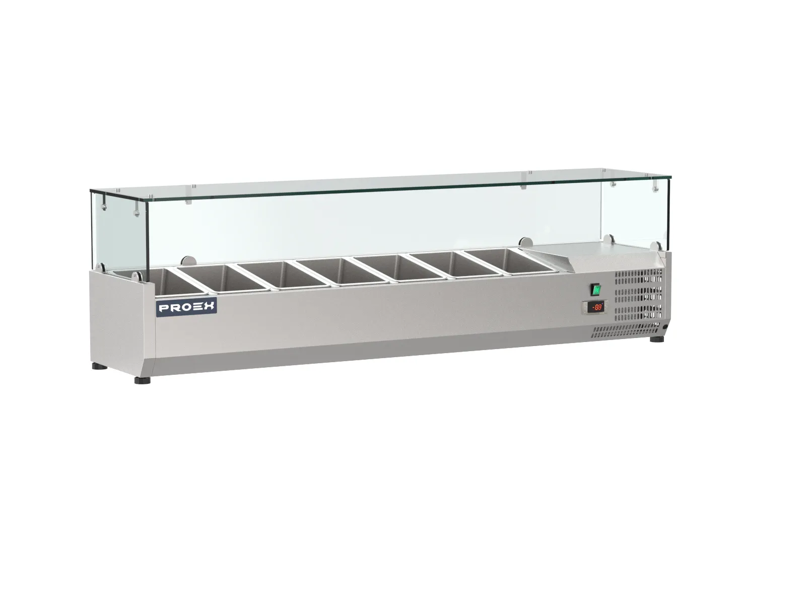 Proex VRX1500/330 refrigerated topping unit with seven GN pans and glass canopy